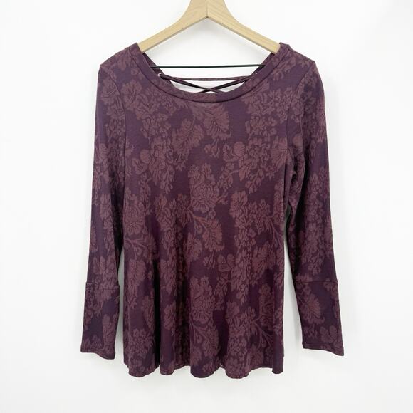 Knox Rose Floral Damask Top S Purple Long Sleeve Boho Lace Up Romantic Feminine - Picture 1 of 7